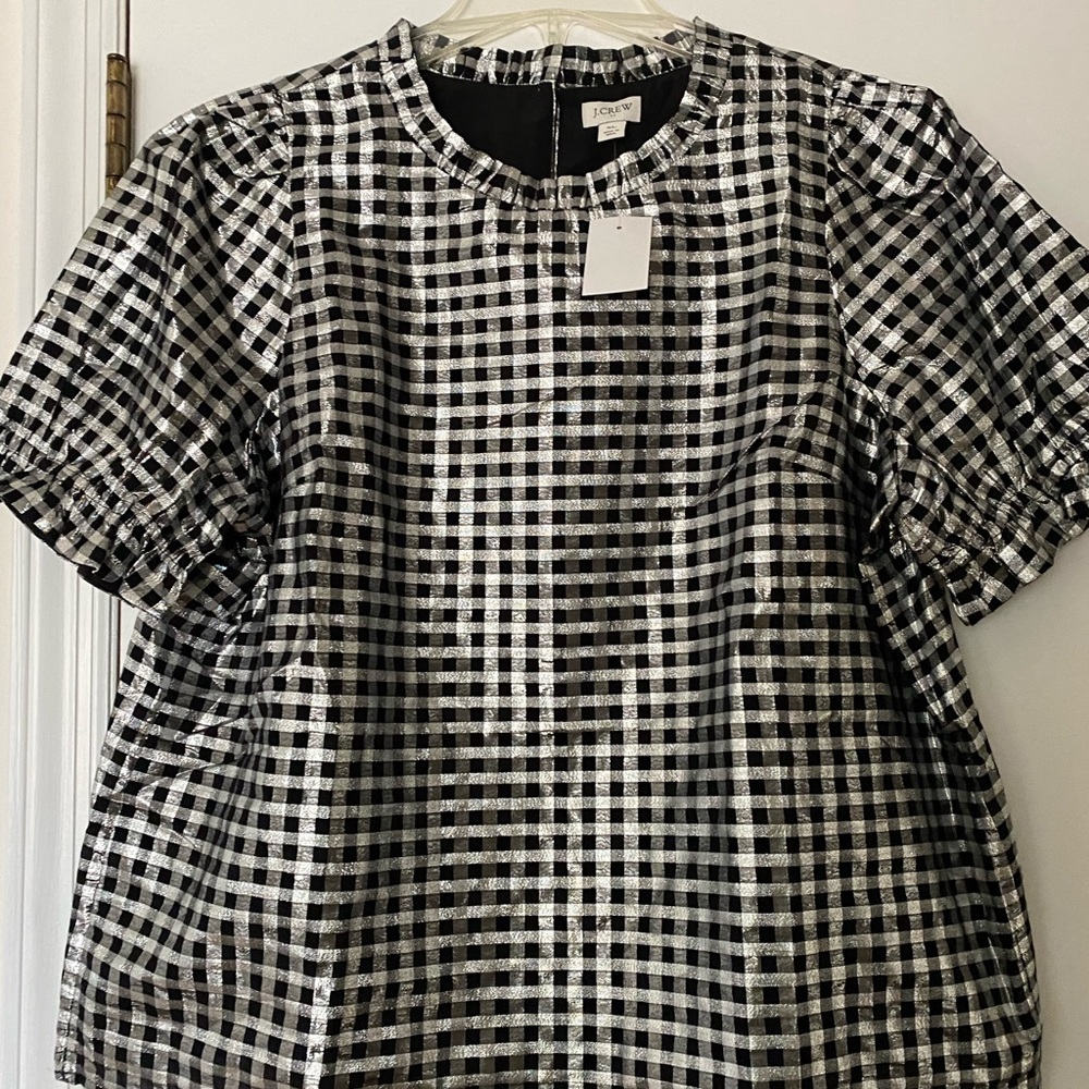 J. Crew Metallic Silver and Black Checkered Blouse